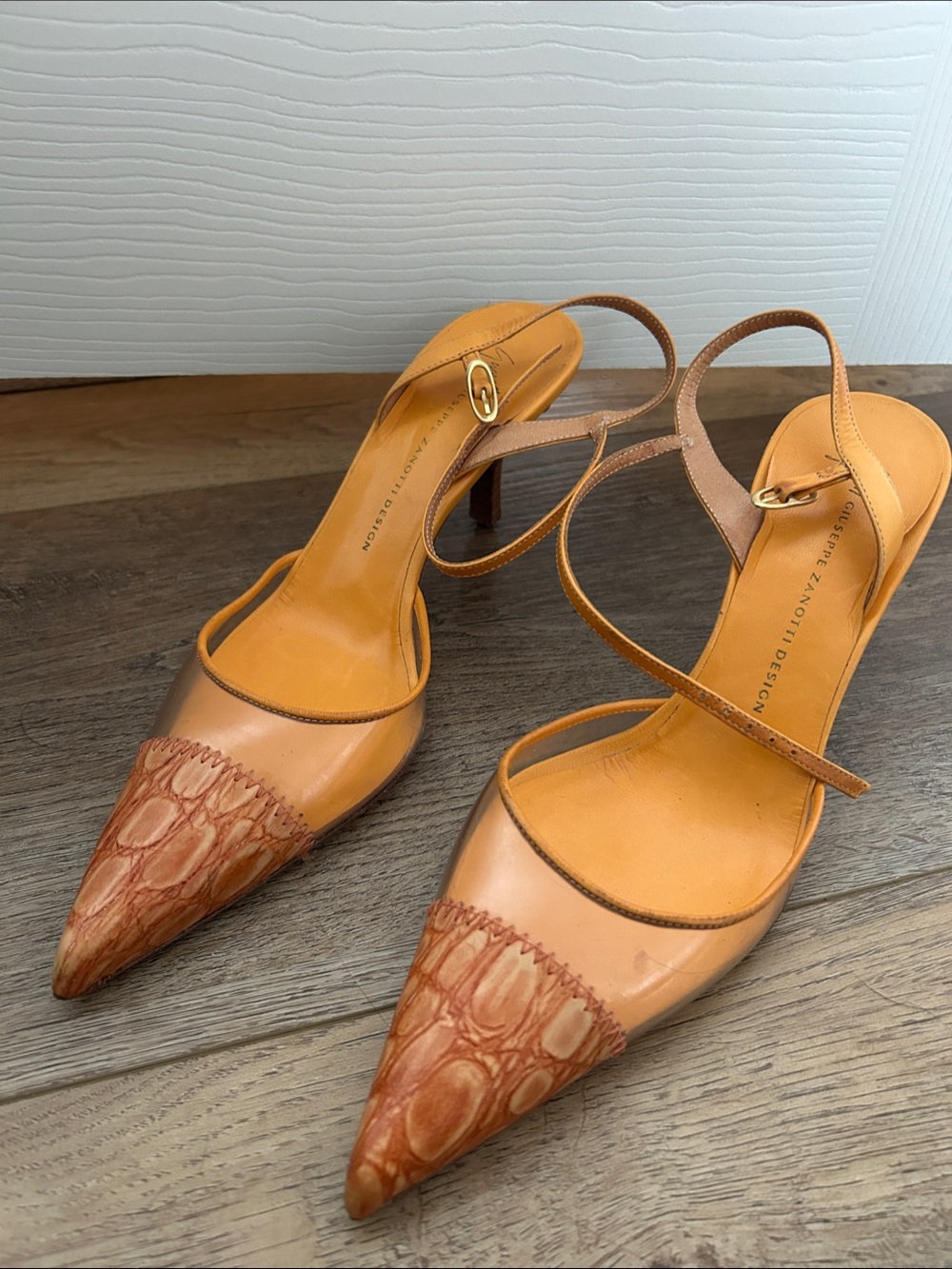 Italian Made Tan Leather Pointed-Toe Slingback Heels